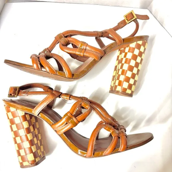 Superb Condition! Tory Burch Checkered Block Strappy Heels