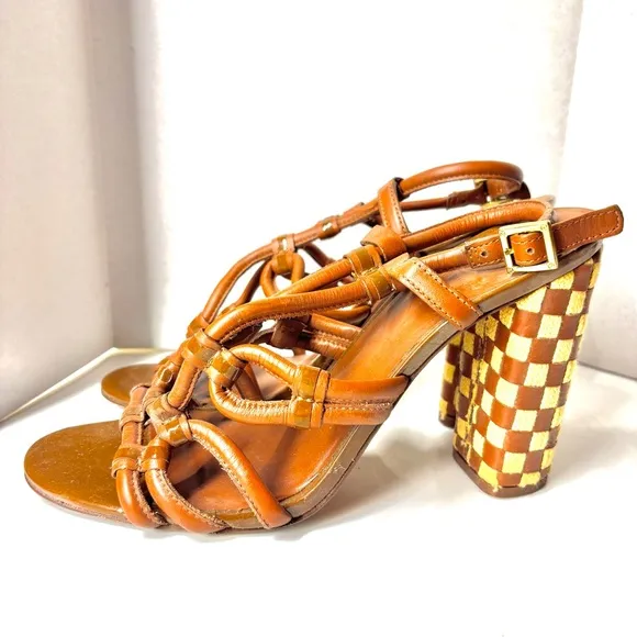 Superb Condition! Tory Burch Checkered Block Strappy Heels