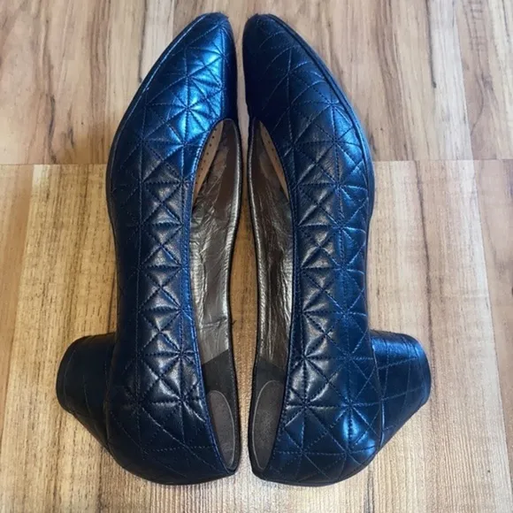 Susan Bennis Quilted Real Leather Pointy Toe Heels Slip On Block Heel Black