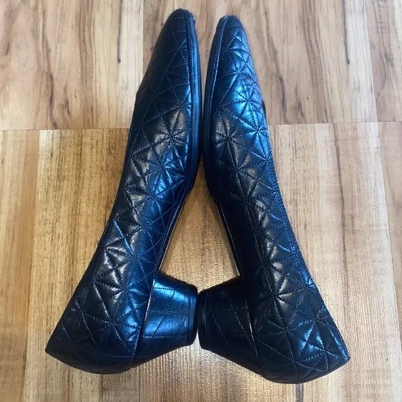 Susan Bennis Quilted Real Leather Pointy Toe Heels Slip On Block Heel Black