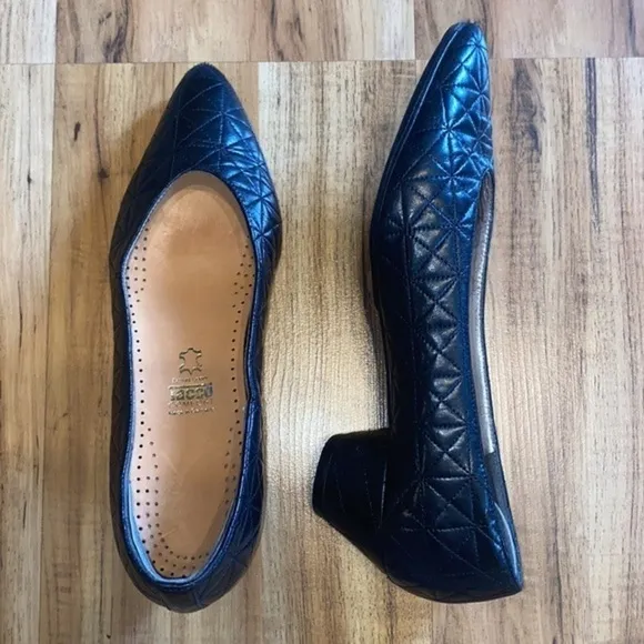 Susan Bennis Quilted Real Leather Pointy Toe Heels Slip On Block Heel Black
