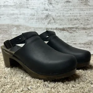 Sven Halter Top T-Strap Black Leather Wooden Clogs Dutch Tulip Time sz 39