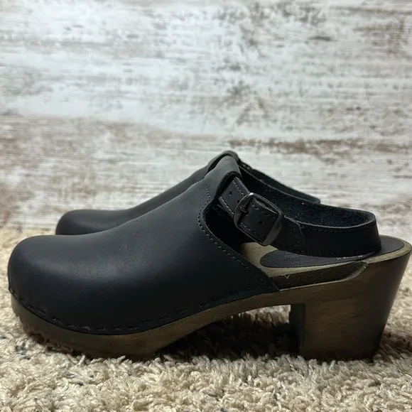 Sven Halter Top T-Strap Black Leather Wooden Clogs Dutch Tulip Time sz 39