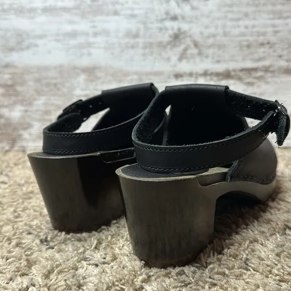 Sven Halter Top T-Strap Black Leather Wooden Clogs Dutch Tulip Time sz 39