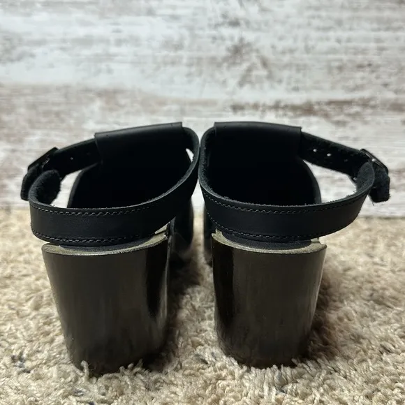 Sven Halter Top T-Strap Black Leather Wooden Clogs Dutch Tulip Time sz 39