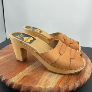 Swedish Hasbeens Peep-Toe Slip-On Sandals heels 39 US 9 tan leather Clogs mules