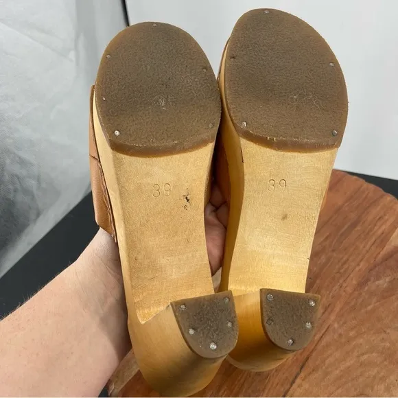Swedish Hasbeens Peep-Toe Slip-On Sandals heels 39 US 9 tan leather Clogs mules