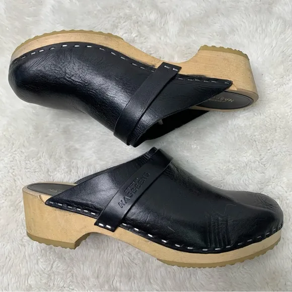 Swedish Hasbeens Women’s Black Leather Slip On Wooden Clogs Size 38