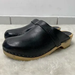 Swedish Hasbeens Women’s Black Leather Slip On Wooden Clogs Size 38
