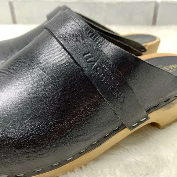 Swedish Hasbeens Women’s Black Leather Slip On Wooden Clogs Size 38