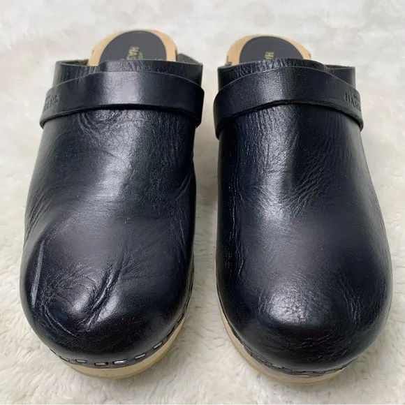 Swedish Hasbeens Women’s Black Leather Slip On Wooden Clogs Size 38