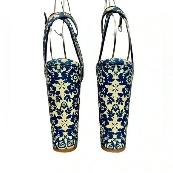 Tabitha Simmons Calla Blue &amp; Ecru Floral Printed Leather Platform Heels Sandals
