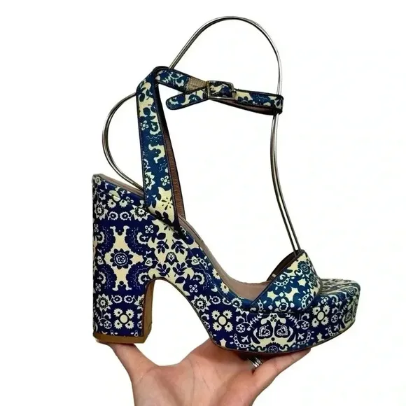 Tabitha Simmons Calla Blue &amp; Ecru Floral Printed Leather Platform Heels Sandals