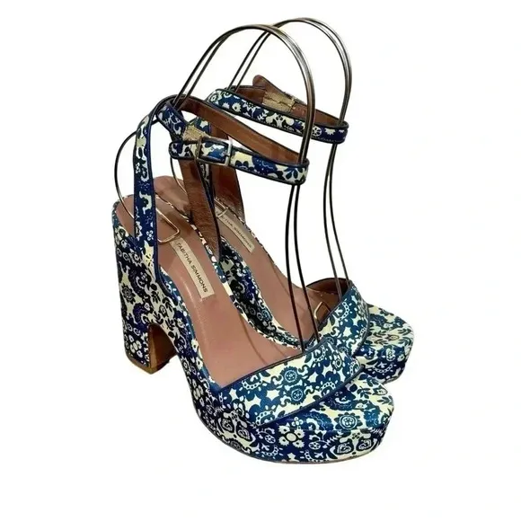 Tabitha Simmons Calla Blue &amp; Ecru Floral Printed Leather Platform Heels Sandals