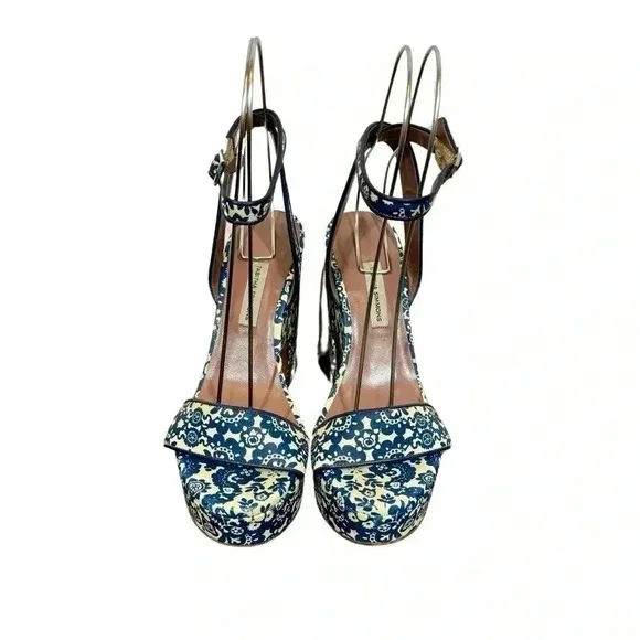 Tabitha Simmons Calla Blue &amp; Ecru Floral Printed Leather Platform Heels Sandals
