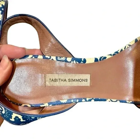 Tabitha Simmons Calla Blue &amp; Ecru Floral Printed Leather Platform Heels Sandals