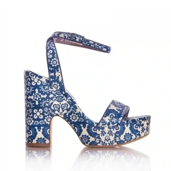Tabitha Simmons Calla Blue &amp; Ecru Floral Printed Leather Platform Heels Sandals