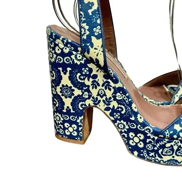Tabitha Simmons Calla Blue &amp; Ecru Floral Printed Leather Platform Heels Sandals