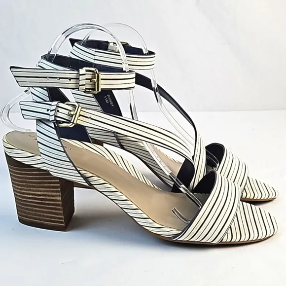 Tahari Pansy Leather Navy &amp; White Stripe Ankle Strap Stacked Block Heel Sandal