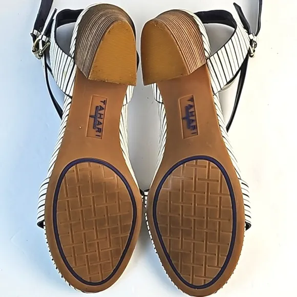 Tahari Pansy Leather Navy &amp; White Stripe Ankle Strap Stacked Block Heel Sandal