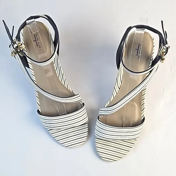 Tahari Pansy Leather Navy &amp; White Stripe Ankle Strap Stacked Block Heel Sandal