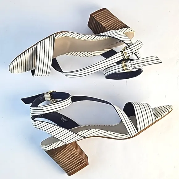 Tahari Pansy Leather Navy &amp; White Stripe Ankle Strap Stacked Block Heel Sandal