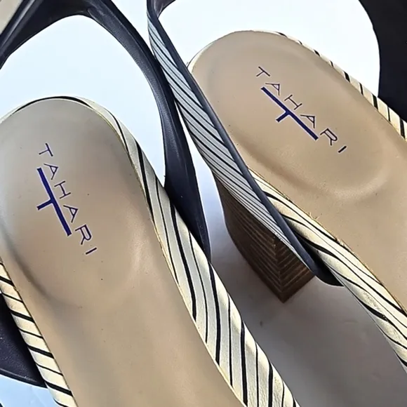 Tahari Pansy Leather Navy &amp; White Stripe Ankle Strap Stacked Block Heel Sandal