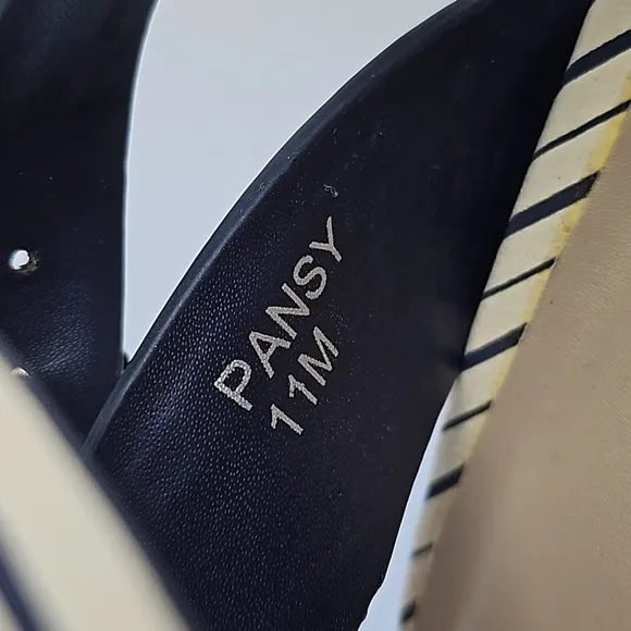 Tahari Pansy Leather Navy &amp; White Stripe Ankle Strap Stacked Block Heel Sandal