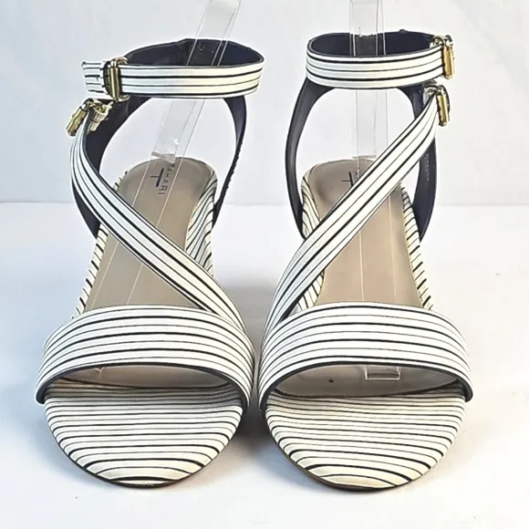 Tahari Pansy Leather Navy &amp; White Stripe Ankle Strap Stacked Block Heel Sandal