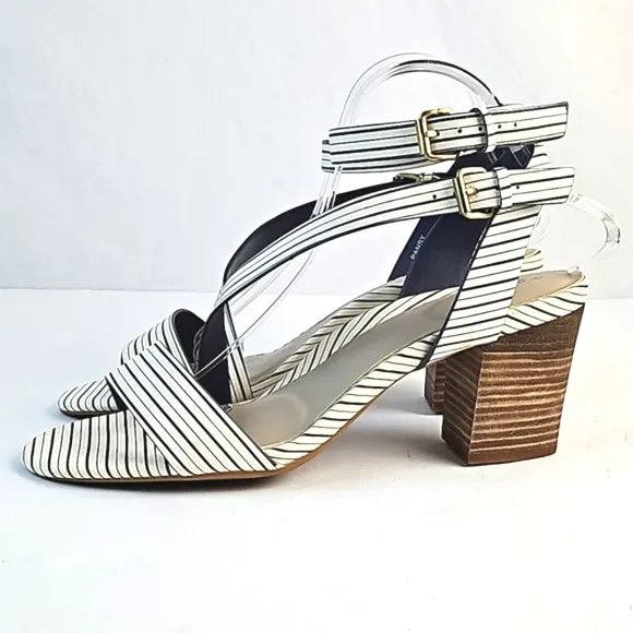 Tahari Pansy Leather Navy &amp; White Stripe Ankle Strap Stacked Block Heel Sandal