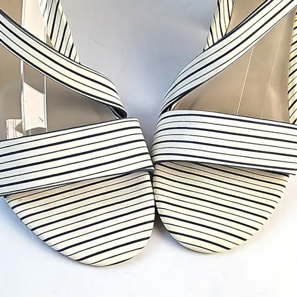 Tahari Pansy Leather Navy &amp; White Stripe Ankle Strap Stacked Block Heel Sandal