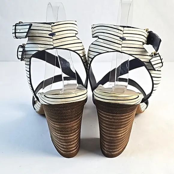 Tahari Pansy Leather Navy &amp; White Stripe Ankle Strap Stacked Block Heel Sandal