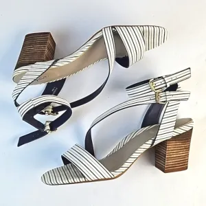 Tahari Pansy Leather Navy &amp; White Stripe Ankle Strap Stacked Block Heel Sandal