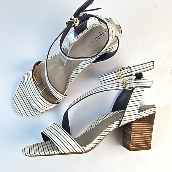 Tahari Pansy Leather Navy &amp; White Stripe Ankle Strap Stacked Block Heel Sandal