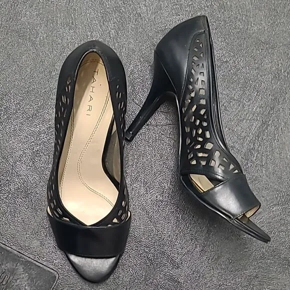 Tahari Sz 8.5 Open Toe Heels Leather Shoe Licorice