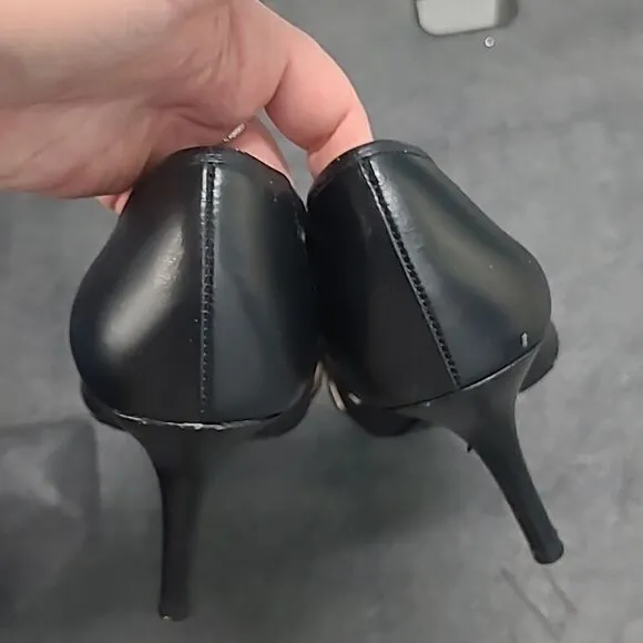 Tahari Sz 8.5 Open Toe Heels Leather Shoe Licorice
