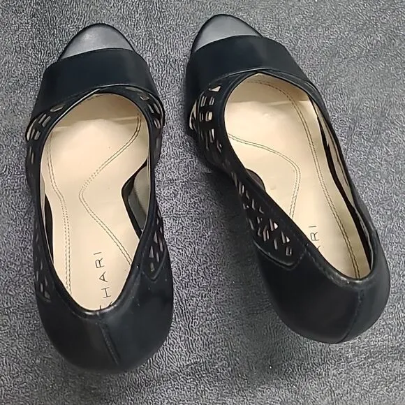 Tahari Sz 8.5 Open Toe Heels Leather Shoe Licorice