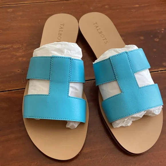 Talbots Blue HANNAH VACHETTA LEATHER SLIDES size 7 Summer Sandal