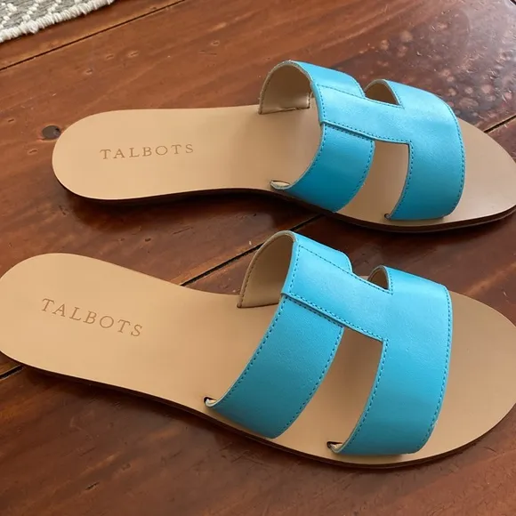 Talbots Blue HANNAH VACHETTA LEATHER SLIDES size 7 Summer Sandal