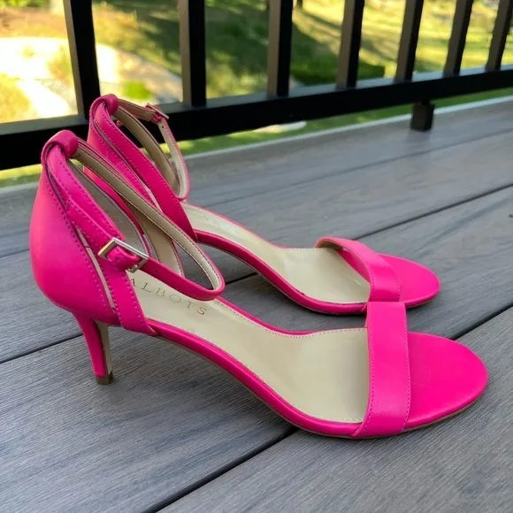 Talbots Rosalie fuchsia pink Nappa leather ankle strap open toe sandal heels 8