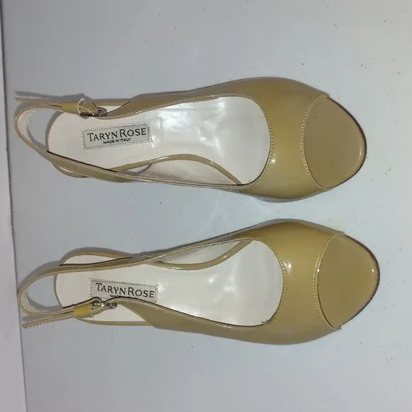 Taryn Rose beige tan sand color Patent Leather Open Toe Heels Size 37