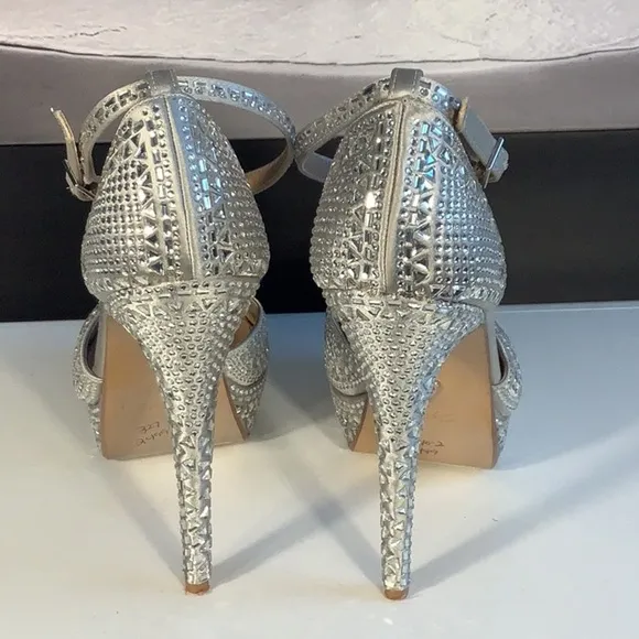Thalia Sodi Flor Silver T Strap Platform Stiletto Jeweled Open Toe Heels Sz 9