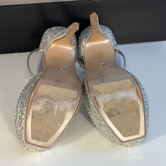 Thalia Sodi Flor Silver T Strap Platform Stiletto Jeweled Open Toe Heels Sz 9