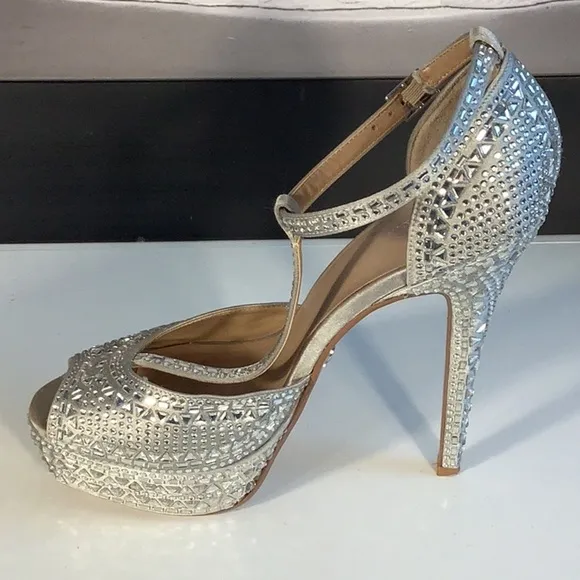 Thalia Sodi Flor Silver T Strap Platform Stiletto Jeweled Open Toe Heels Sz 9