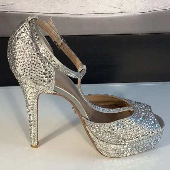Thalia Sodi Flor Silver T Strap Platform Stiletto Jeweled Open Toe Heels Sz 9