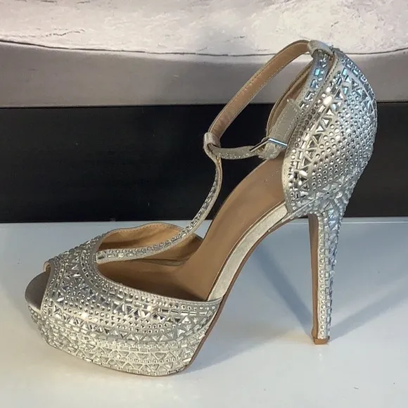 Thalia Sodi Flor Silver T Strap Platform Stiletto Jeweled Open Toe Heels Sz 9