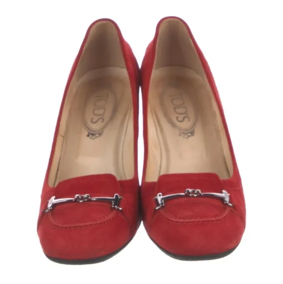 Tod's Logo Red Suede Block Heels Pumps Size 38