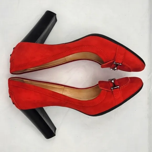 Tod's Logo Red Suede Block Heels Pumps Size 38