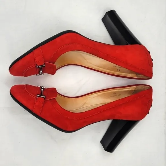 Tod's Logo Red Suede Block Heels Pumps Size 38