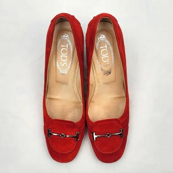Tod's Logo Red Suede Block Heels Pumps Size 38